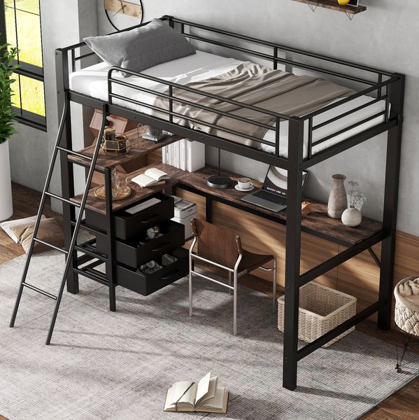 Etagenbett 204 x 150 x 180 cm, Liegefläche 90x200 cm, mit 2 m Schreibtisch, 3 Schubladen und Schrägleiter