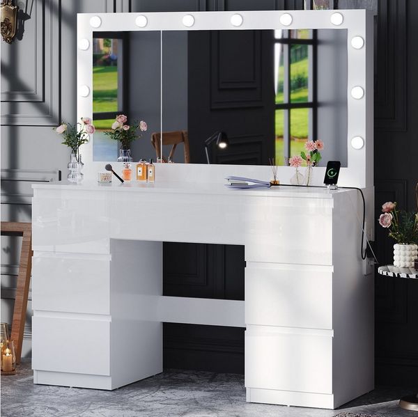 HOMALL Schminktisch Schminktisch Mit großer LED-Spiegelbeleuchtung und 7 Schubladen (Maße: 115/120 × 40 × 139 cm, mit Stauraumbank, 2 Steckdosen, 1 USB-Anschluss, 1 Typ-C-Anschluss, 1 Föhnhalterung)