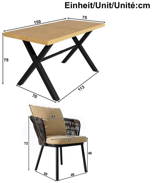 Celya Garten-Essgruppe Modernes Essgruppen-Set für den Außenbereich, Eisengestell, (Gartenlounge-Set Rattan, Geflochtene, Inklusive Sitzkissen), Freizeit- und Besprechungsset für mehrere Personen