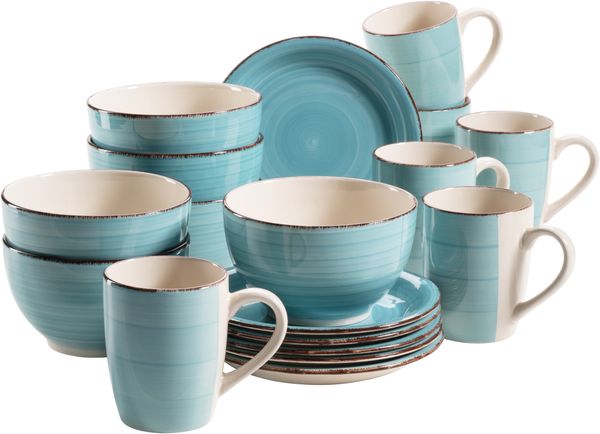 Mäser 931496 Lumaca Frühstück-Service für 6 Personen im Vintage Look, handbemalte Keramik, Geschirr-Set, Steingut, türkis, 18-teilig (1 Set)