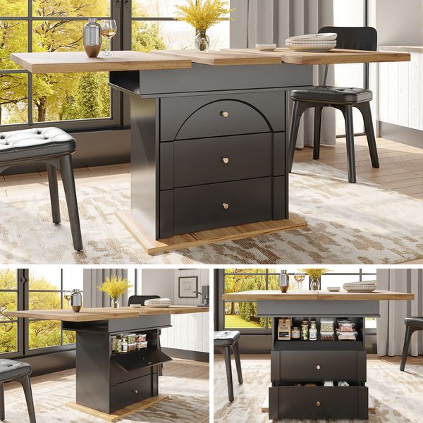 Esstisch, Teleskoptisch klappbar für 4–6 Personen, Ausziehbarer Küchentisch, platzsparend, Minimalistisches Schranktür-Design, MDF, Schwarz, 110–140×80 cm