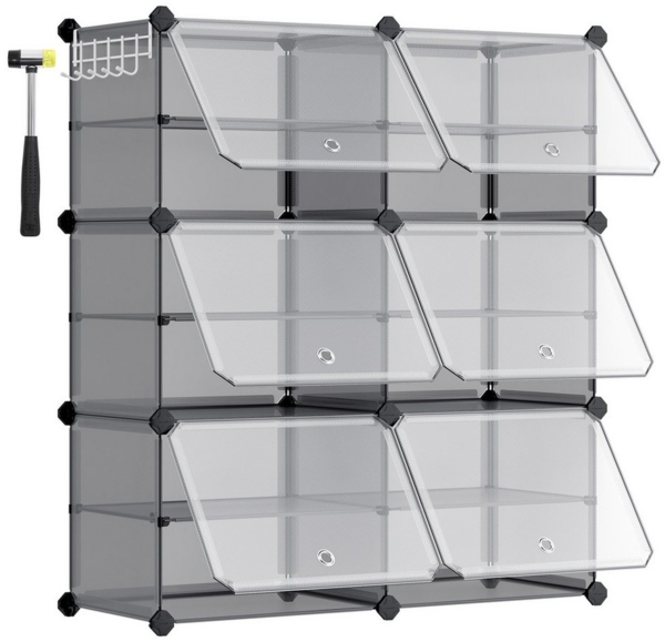 SONGMICS Schuhregal mit 6 Fächern, Schuhschrank, 30 x 40 x 30 cm pro Fach, schmal, mit Türen, Stahlrahmen, Kunststoff, für Flur, Schlafzimmer, Eingangsbereich, schiefergrau