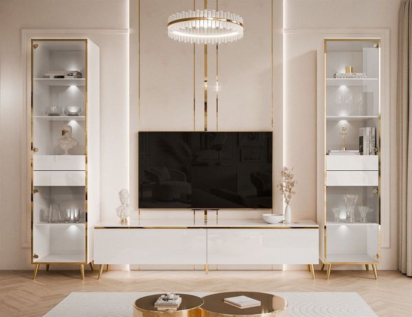 ALLHOUSE24 Wohnzimmer-Set Möbelset PEONY GOLD mit LED weiß Hochglanz Glasvitrine TV Schrank, (1x TV Schrank, 2 x Vitrinen), Fronten in Hochglanz, LED Beleuchtung
