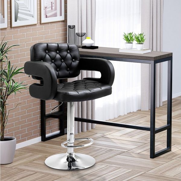 HOMCOM Barhocker mit Metallgestell, Lehne, Fußstütze (Höhenverstellbar Küchenstuhl, 1 St, 360° Drehbar Barstuhl), für Küche, Wohnzimmer, Esszimmer Schwarz