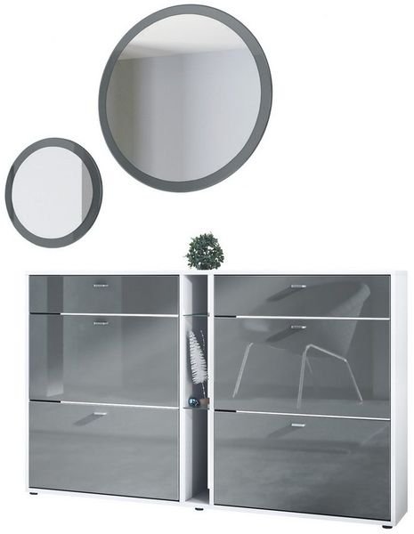 Vladon Garderoben-Set Florence, (Garderoben-Set, mit Schuhschrank und 2 Wandspiegel), Weiß matt/Grau Hochglanz