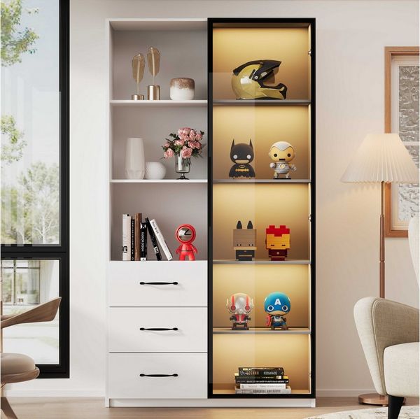 BlingBin Vitrine Glasvitrine (1-St, LED-Vitrinenschrank mit Glastür und 3 Schubladen, 80×40×160 cm) Hochregal mit RGB-Beleuchtung für Wohnzimmer, Schlafzimmer oder Büro