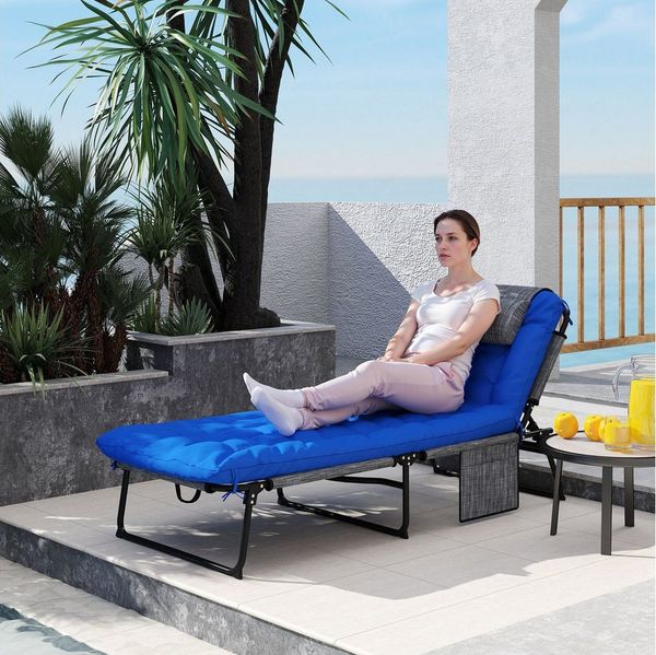 Outsunny Gartenliege mit Kopfkissen, 4-Fach verstellbare Rückenlehne, wetterfest Liegestuhl, 1 St, klappbar Sonnenliege, bis 120 kg belastbar, für Garten Outdoor Pool, Blau