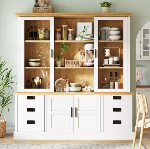 Celya Hochschrank Küchenhochschrank mit 6 Schubladen und Glastür (140×40×185cm, Ausgestattet mit Kippschutzvorrichtung, Mehrere Staufächer)