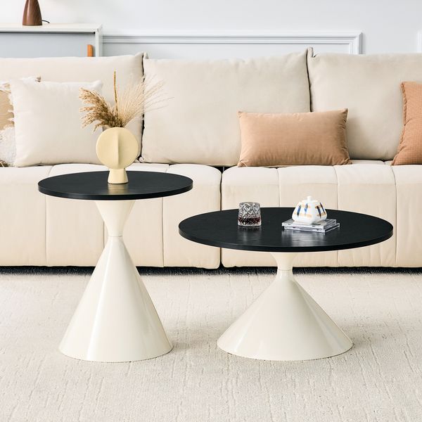 Flieks 2er Couchtisch Set Sanduhr-Design, runde Satztische Ø70/Ø50 cm mit schwarzer Holzoptik & cremefarbenem Metallfuß
