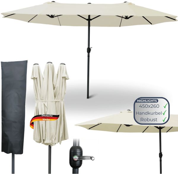 Doppelsonnenschirm 450x260cm KOGO - XXL Sonnenschirm | Großer Schirm UV-Beständig Gartenschirm mit Kurbel Terrassenschirm für Garten, Terrasse & Pool | Creme