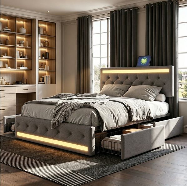 Furnishings Home Polsterbett Stauraumbett Doppelbett (Vier extra große Schubladen unter dem Bett), Mit LED-Beleuchtung, USB & Type-C, Leinen, 180x200 cm