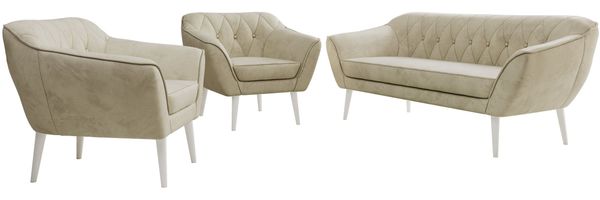 Wohnzimmerset PIRS 1-1-3, Skandinavisches 3-Sitzer Sofa mit Sesseln, Sofa mit Wellenfederung, weiße Füße, Skandinavisches Möbelset - Beige Velvet Bild 6
