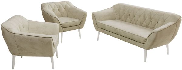 Wohnzimmerset PIRS 1-1-3, Skandinavisches 3-Sitzer Sofa mit Sesseln, Sofa mit Wellenfederung, weiße Füße, Skandinavisches Möbelset - Beige Velvet Bild 8