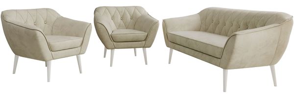 Wohnzimmerset PIRS 1-1-3, Skandinavisches 3-Sitzer Sofa mit Sesseln, Sofa mit Wellenfederung, weiße Füße, Skandinavisches Möbelset - Beige Velvet Bild 7