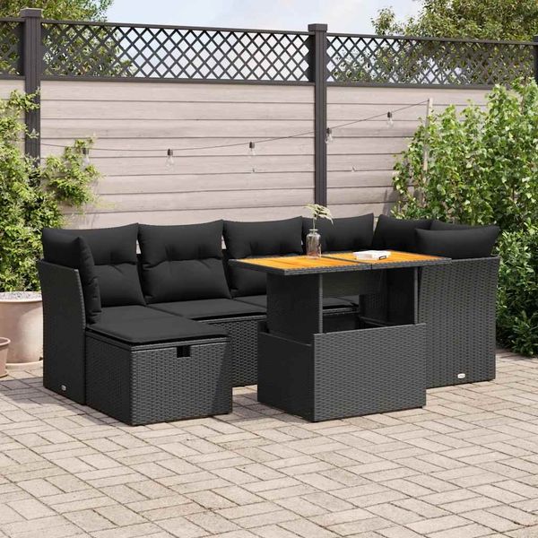 vidaXL 7-tlg. Garten-Sofagarnitur mit Kissen Schwarz Poly Rattan 3327972