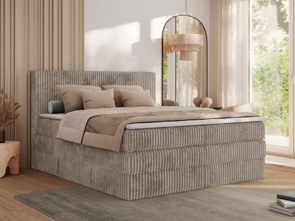 Boxspringbett, Doppelbett mit zwei Bettkästen und Multipocket-Matratze, Cord Bett - TILIANO KING - 200 x 200 cm - Hellbraun Cord - H3