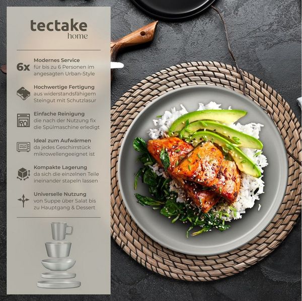 tectake Geschirr-Set Kombiservice Una, aus Steingut für 6 Personen (30-tlg), 6 Personen, Steingut, für 6 Personen