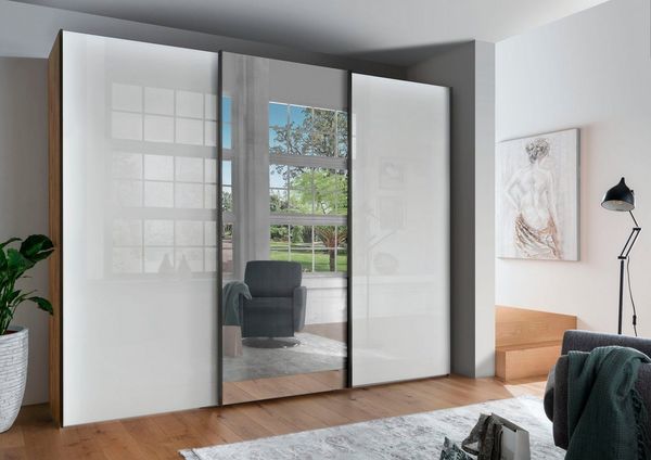 WIEMANN Schwebetürenschrank Monaco, Kleiderschrank, Schrank, Wäscheschrank, mit Schiebetüren (2 Breiten, 2 Höhen 216/236 cm auswählbar, MADE IN GERMANY) hochwertige Glas- und Spiegelfront, variable Inneneinteilung