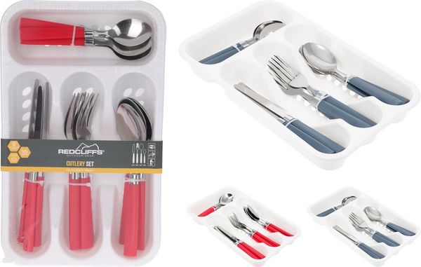 Koopman Besteck-Set Campingbesteck Reisebesteck Rot / Blau 16 Tlg. Set (16-tlg), Edelstahl, Rostfrei, Edelstahl, Blau, 16tlg, Besteckhalter