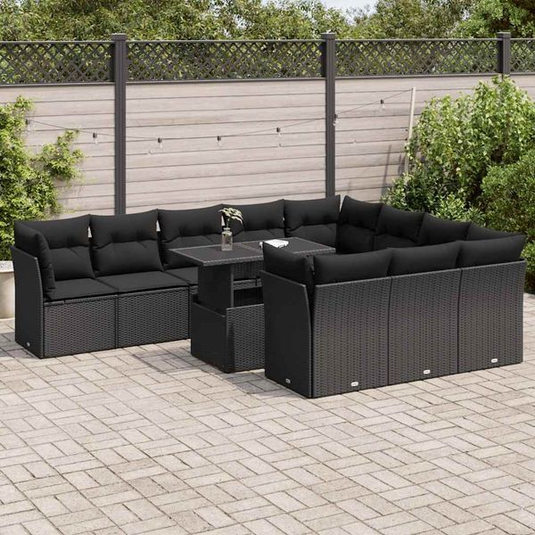 vidaXL 11-tlg. Garten-Sofagarnitur mit Kissen Schwarz Poly Rattan 3326226