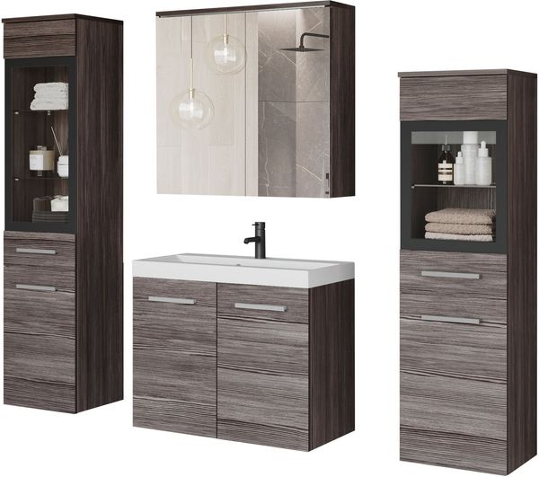 welltime Badmöbel-Set MADRIT II, Schrank mit Waschbecken, 2 Hänger, Spiegelschrank, (Komplett-Set, 5-St), Hängende Badmöbel mit Glaseinsätzen – in vielen Farben erhältlich
