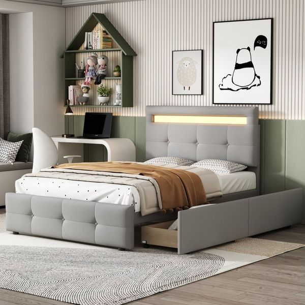 REDOM Polsterbett Einzelbett Kinderbett Jugendbett, Polsterbett 90*200cm (mit LED-Leuchten, 2 Schubladen, hautfreundlicher Leinenpolsterung flach), ohne Matratze
