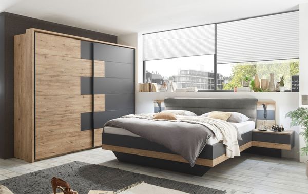 Schlafzimmer-Set >LINEA< (3-teilig) Bartex Eiche/Graphit, Schrank 280x215x60, Bett 296x97x210