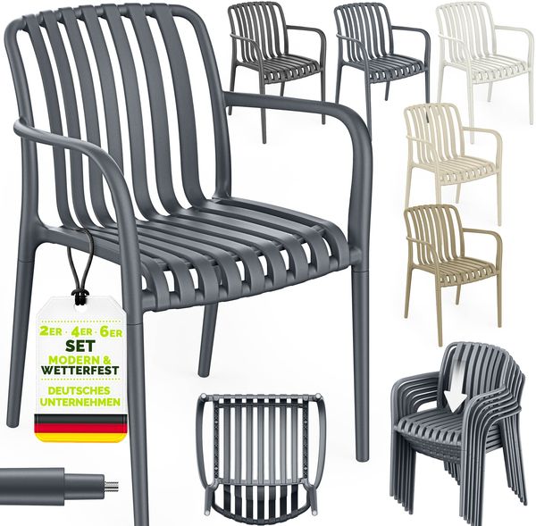 tillvex® Gartenstühle 6er Set Stapelbar Wetterfest mit Armlehne | Outdoor Stühle bis 120kg belastbar | Gartenstühle Outdoor | Terrassenstuhl Gartenmöbel Balkon Garten Terrasse