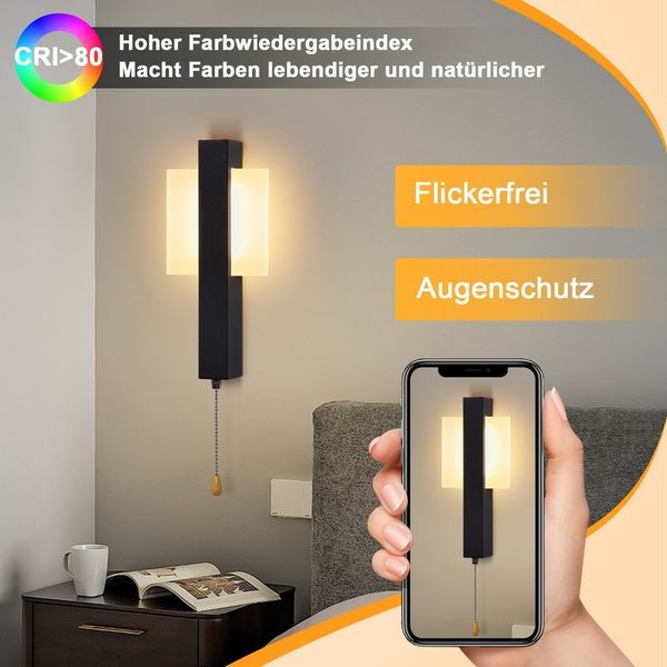 Nettlife LED Wandleuchte Innen Schwarz Modern Flurlempe mit Zugschalter 3000K 6W, LED fest integriert, Warmweiß, Wandlampe für Schlafzimmer, Wohnzimmer, Flur