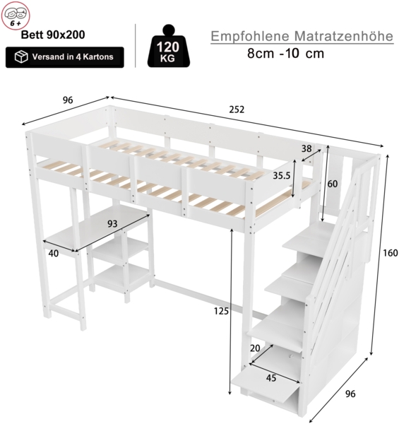 Multifunktionales Etagenbett mit Stauraum Hochbett mit Ablage Bettgestell aus massivem Kiefernholz mit Lattenrost Bett für Kinder und Jugendliche Holz Weiß 90 x 200 cm Bild 7