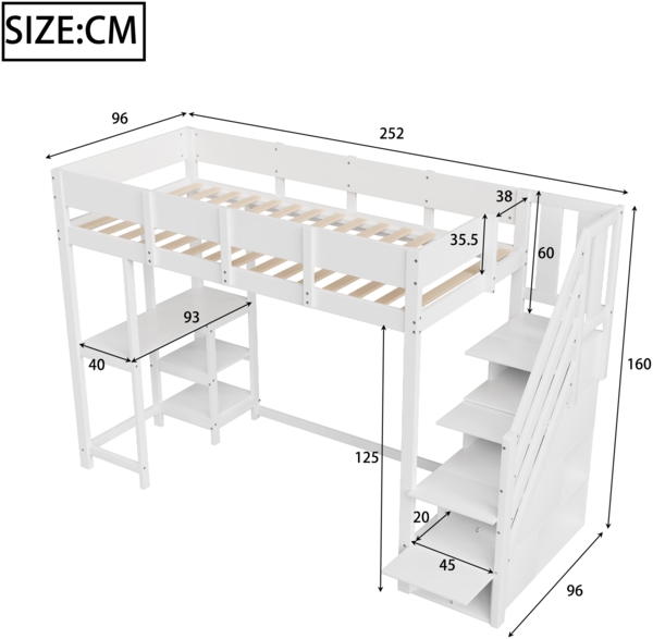Multifunktionales Etagenbett mit Stauraum Hochbett mit Ablage Bettgestell aus massivem Kiefernholz mit Lattenrost Bett für Kinder und Jugendliche Holz Weiß 90 x 200 cm Bild 6