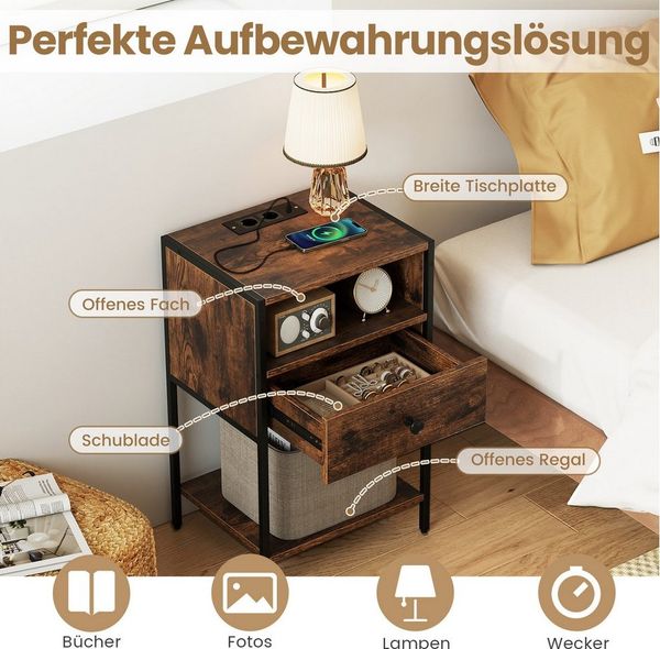 COSTWAY Nachttisch (1-St), Beistelltisch mit Ladestation, Sofatisch mit Schublade