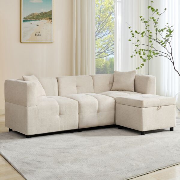 Ecksofa 3-Sitzer L-Form mit Fußhocker & Stauraum, Chenille Beige, 204 x 126 x 69 cm