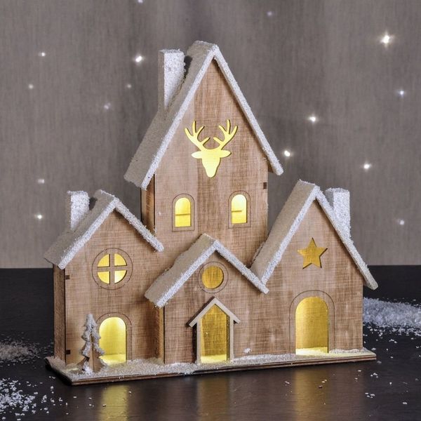 Spetebo LED Dekoobjekt LED Deko Haus 25 cm - 6 LED - Tisch Weihnachtsdeko, 2, LED, warmweiss, Beleuchtetes Holz Haus 25 cm