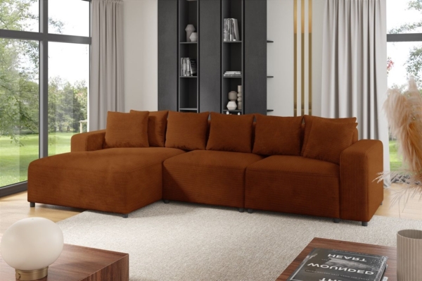 Ecksofa Designersofa Sofa MEGAN in Stoff Poso Rostbraun Ottomane Links