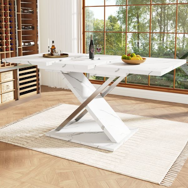 Esstisch Ausziehtisch (118-157×75cm), Küchen-Wohnzimmertisch, Anstecktisch, Ausziehbar auf 118-157cm mit Hilfe von innenliegender Einlegeplatte, Esstisch mit Kreuzbeinen