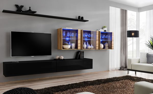 Hängende Wohnwand Switch XVII in Schwarz und Wotan 340 x 150 cm 7-teilig