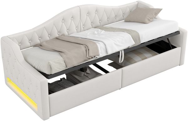 Gepolstertes 90x200 Tagesbett mit LED-Gürtel und Stauraum darunter, Beige