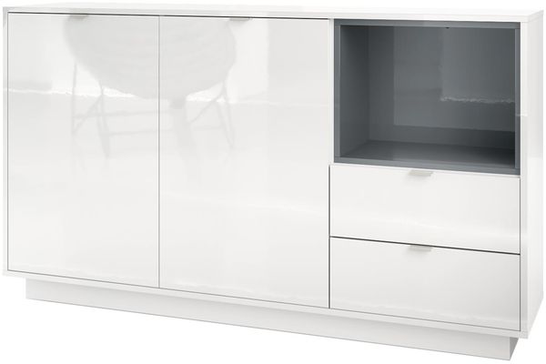 Sideboard Kommode Metro, Korpus in Weiß Hochglanz / Fronten in Weiß Hochglanz mit Einsatz in Grau Hochglanz