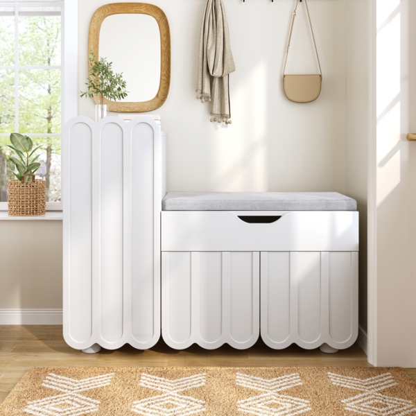 Merax 3-Türen-Schuhschrank mit Schublade & Sitzpolster –Weiß – Schuhschränke und Schuhbänke – Platzsparende Schuhschränke für den Flur