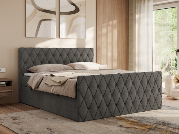 Boxspringbett mit gesteppter Front und Kopfteil, Multipocket-Matratze, zwei Bettkästen - MIREN DUO - 140 x 200 cm - Dunkelgrau Velvet - H4
