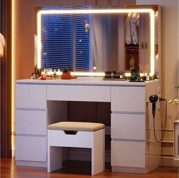 HOMALL Schminktisch Schminktisch Mit großer LED-Spiegelbeleuchtung und 7 Schubladen (Maße: 115/120 × 40 × 139 cm, mit Stauraumbank, 2 Steckdosen, 1 USB-Anschluss, 1 Typ-C-Anschluss, 1 Föhnhalterung)