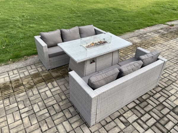 Fimous 6-Sitzer Polyrattan Gartenmöbel Set mit 2 Sofa; Gas Feuertisch Outdoor Terrassen Essgruppe Helles Grau