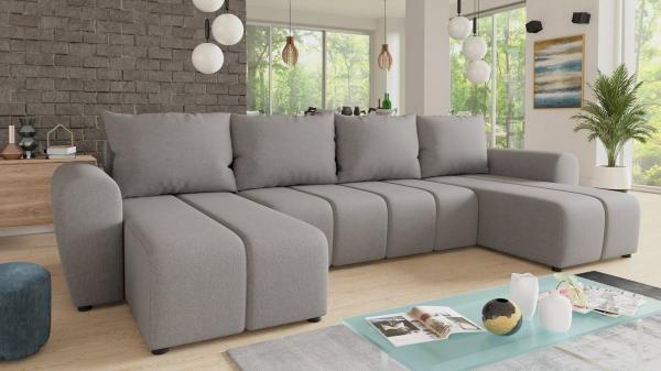 Wohnlandschaft Cleo U mit Schlaffunktion - U-Form Couch, Ecksofa mit Bettkasten, Couchgranitur mit Bettfunktion, Polsterecke, Big Sofa (Grau (Soro 90))