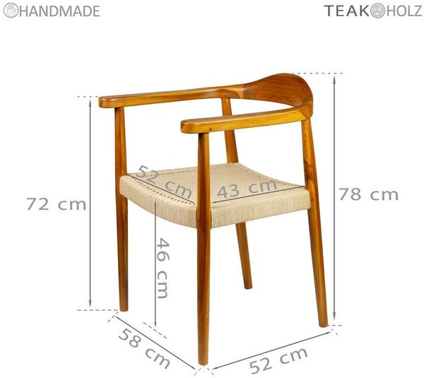 Casa Moro Armlehnstuhl Esszimmer Stuhl aus massiv Holz (Esszimmerstühle einzeln oder als 2er, 4er & 6er Set), Boho Chic Holzstuhl in Beige Braun