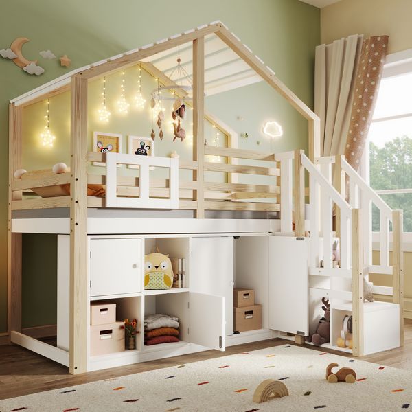 Bett 90x200 cm Hausform mit Stauraumleiter und Bettgitter – Weiß/Natur, platzsparendes Hochbett für Kinder