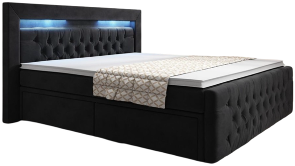 Boxspringbett Menzogna mit LED und Stauraum (2 Schubladen) 180x200 Schwarz H4 (100kg+)