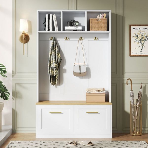 STILVORA Garderoben-Set mit Sitzbank,Kleiderschrank Garderobenständer für Wohn-,Schlaf & Flur, (Garderobenset– Garderobe mit Sitzbank Natur+Weiß, 1-St, B40/D105/H180 cm), mit 4 Kleiderhaken, offenem Stauraum und 2 Türen
