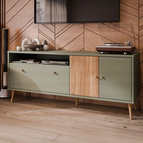 Forte HARLLSON TV-Schrank 160, EasyKlix by FORTE, TV-Schrank, Lowboard 2-türig, Skandi Stil, Holzwerkstoff, Salbei/Mauvella Eiche Holzdekor, 160,0 cm breit x 67,0 cm hoch x 41,0 cm tief