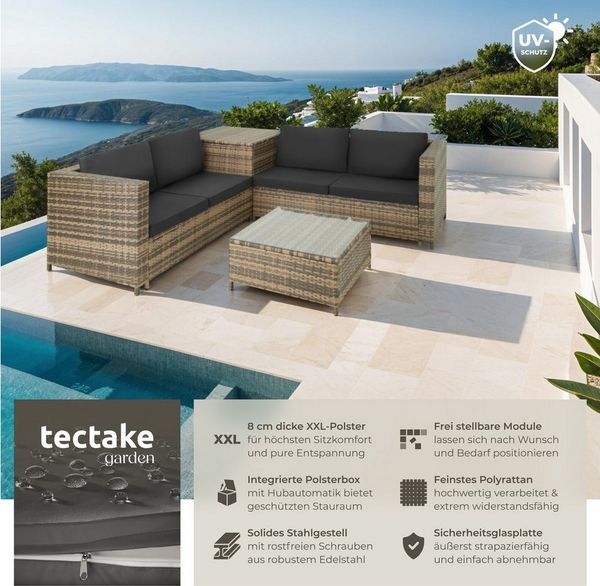 tectake Loungeset Rattan Sitzgruppe inkl. großer Aufbewahrungsbox, für 4 Personen, (Gartenlounge-set Siena, 5-tlg, geeignet für Outdoor in Natur/Dunkelgrau), widerstandsfähig und UV-beständig, Dicke der Sitzpolster 8 cm